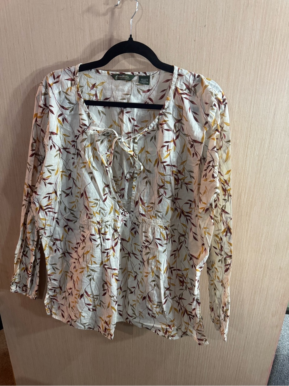 Eddie Bauer Cream Tie-Front Blouse with Mustard & Burgundy Leaf Print Size XL